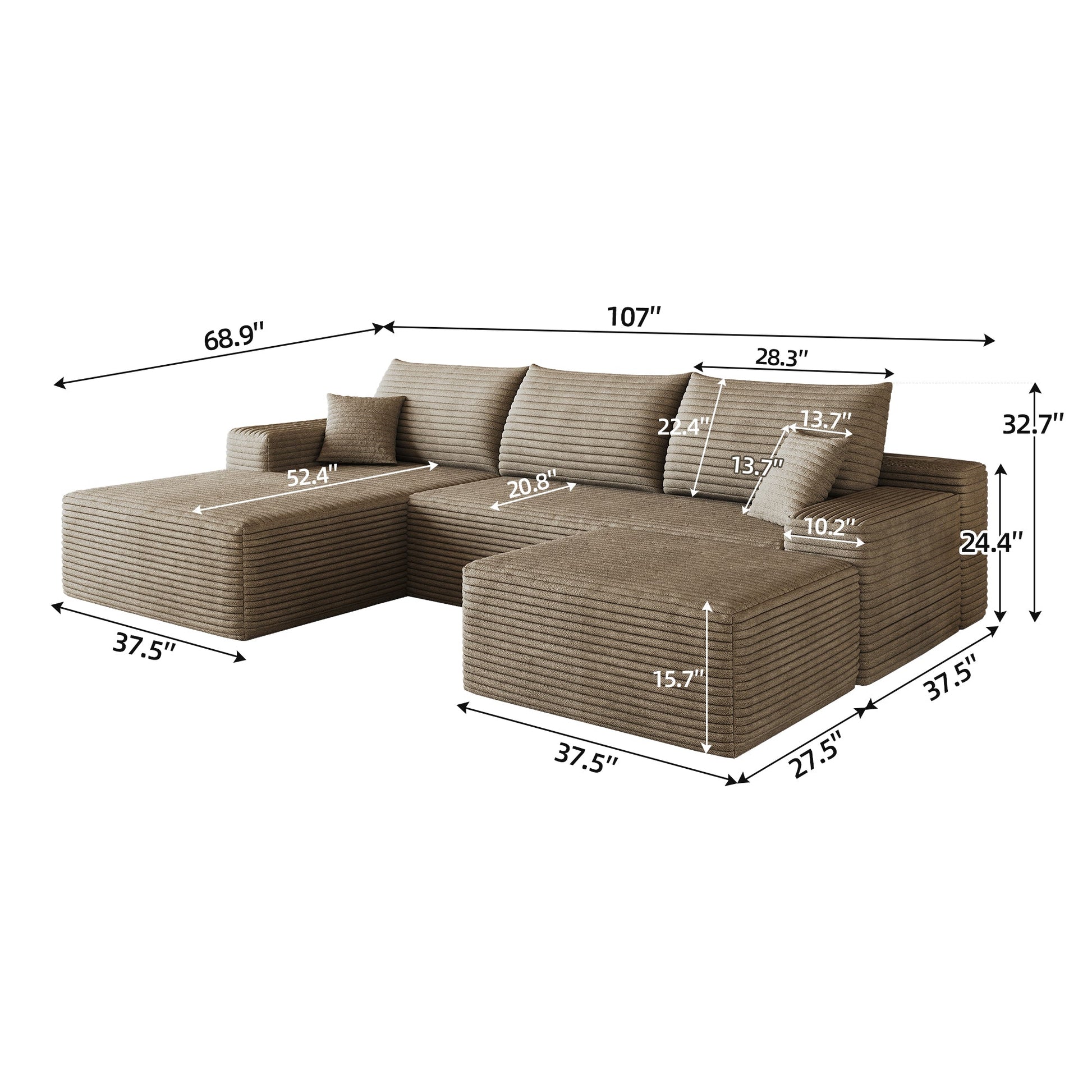 107-inch Cloud Sectional Sofa with Ottoman by HouseOfZazla in brown textured fabric on Tampa Home & Garden Store