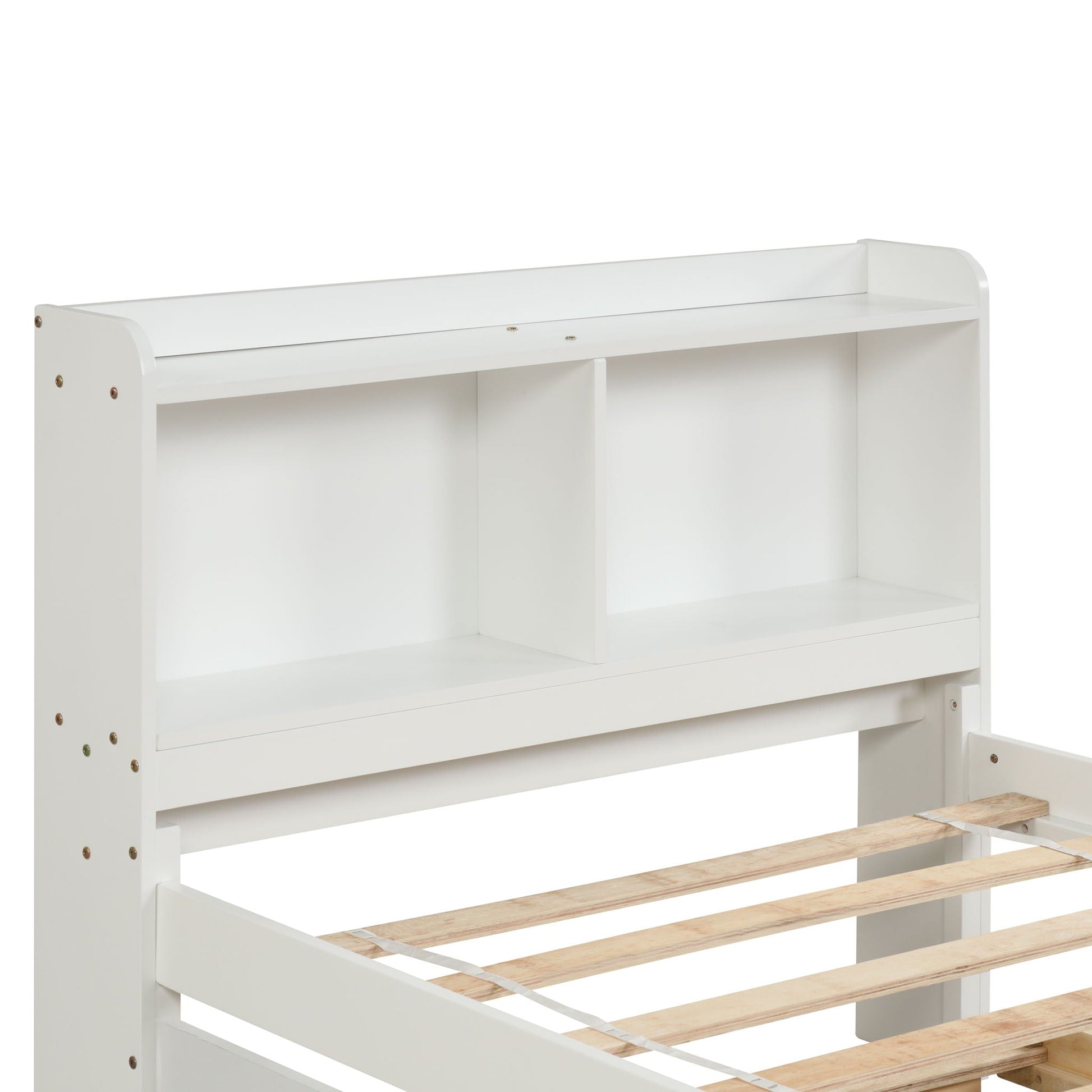 White twin bed with trundle and bookcase, wood slat bed base on Tampa Home & Garden Store