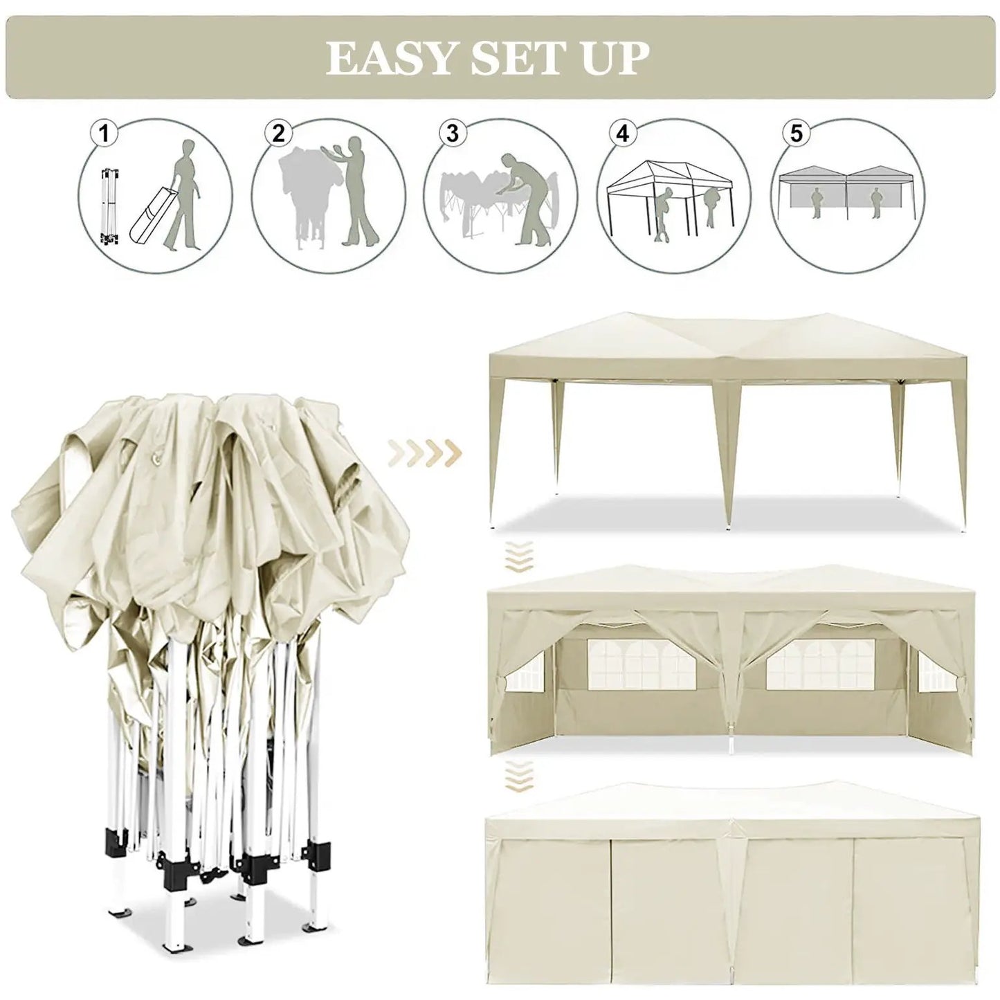 10x20 Ez Pop Up Canopy Tent beige with 6 sidewalls and carry bag by Unique Piece Furniture on Tampa Home & Garden Store