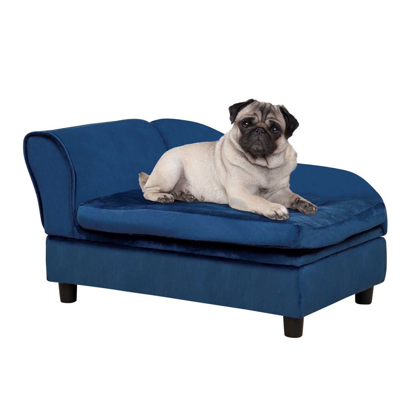 PawHut luxury dog bed for small dogs with hidden storage in blue velvet; pug on plush bed on Tampa Home & Garden Store