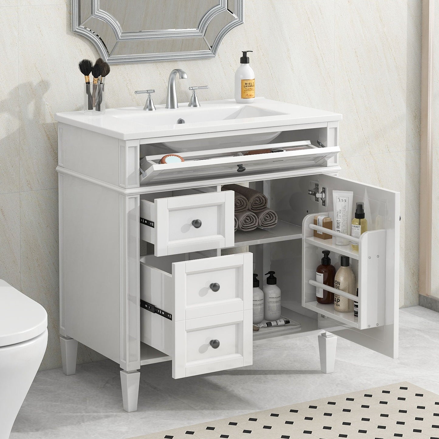 Bathroom vanity with top sink, white cabinet, 2 drawers and a tip-out drawer by HouseOfZazla on Tampa Home & Garden Store