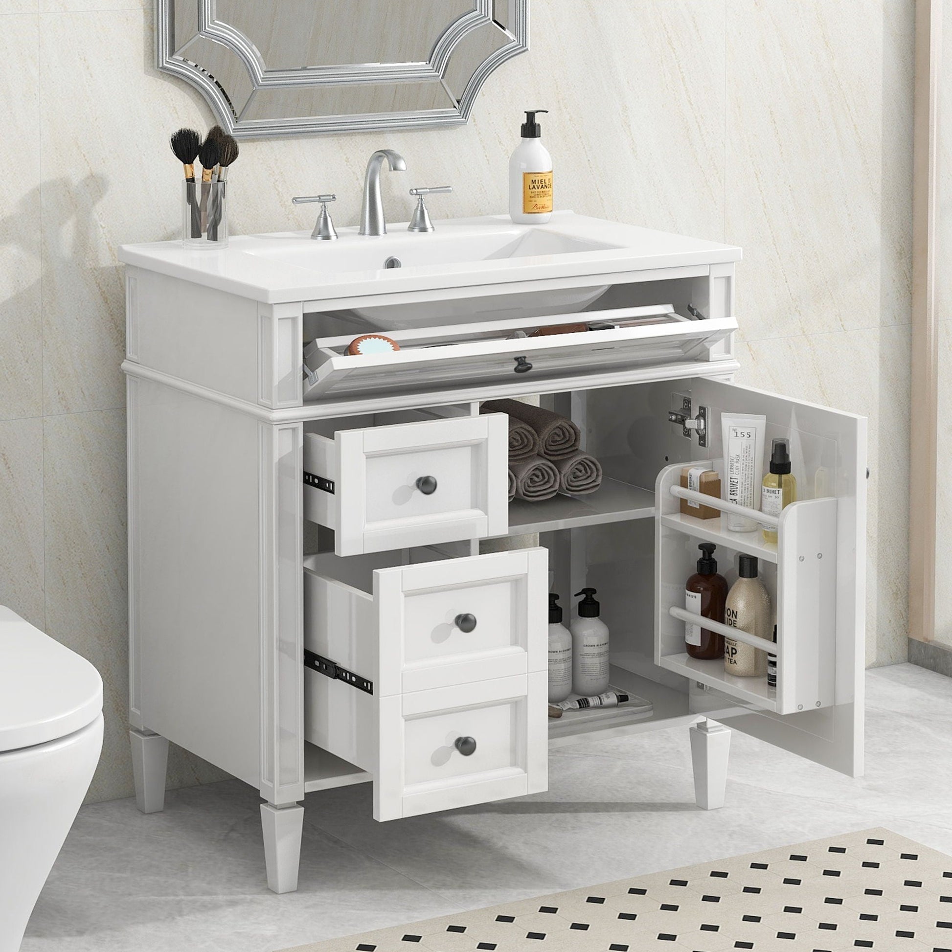 Bathroom vanity with top sink, white cabinet, 2 drawers and a tip-out drawer by HouseOfZazla on Tampa Home & Garden Store