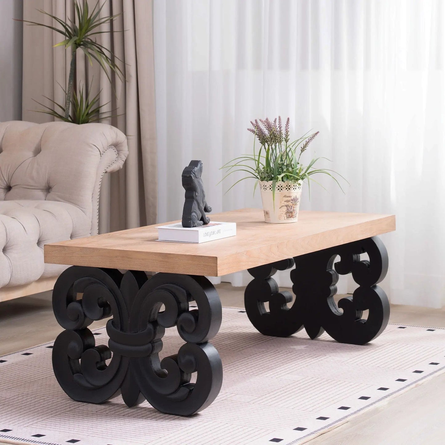 Ornate Scroll Base Coffee Table by Unique Piece Furniture with wood and black scroll legs on Tampa Home & Garden Store