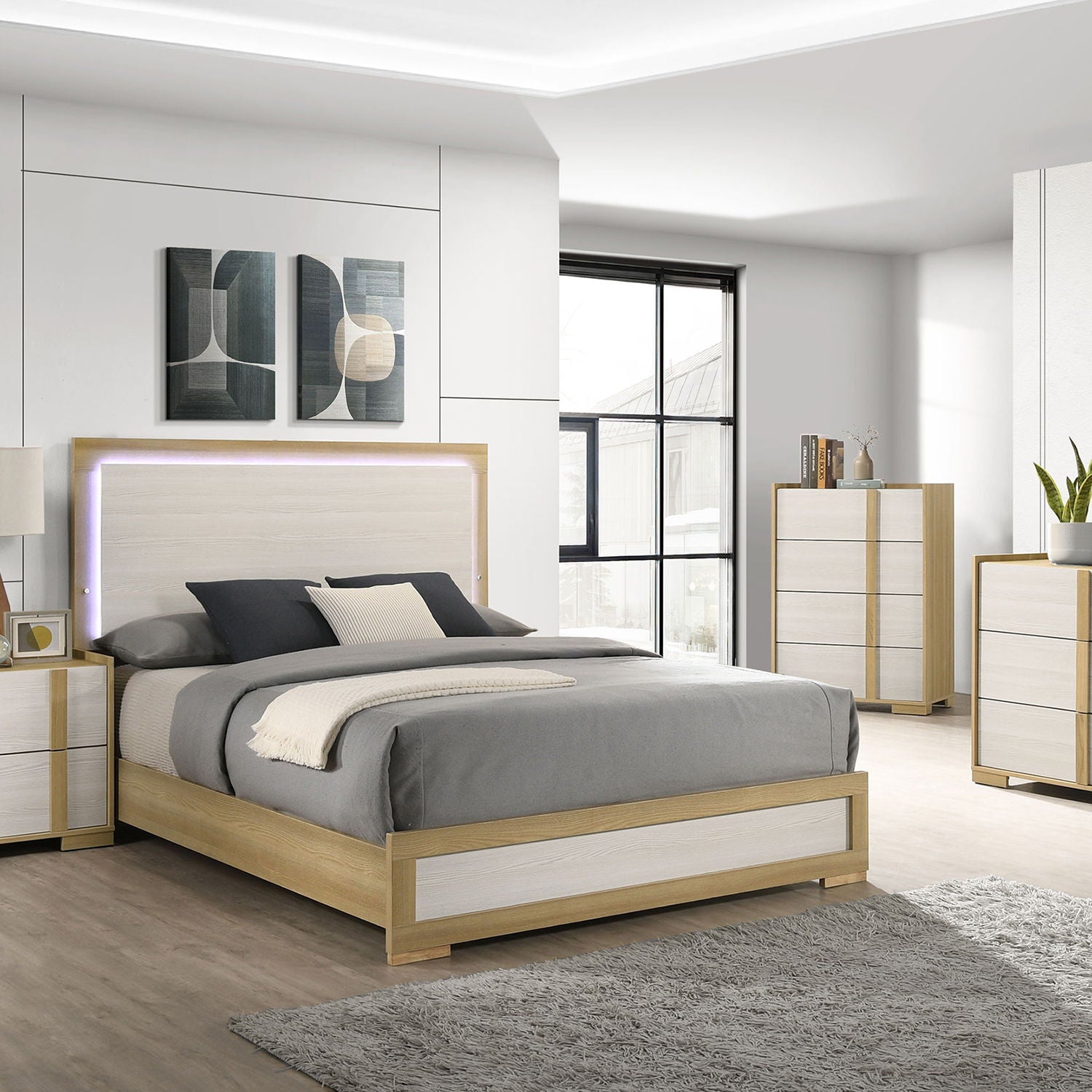 Lincoln LED Panel Bed with Touch Light Headboard in light oak with white panels, modern bedroom setting on Tampa Home & Garden Store