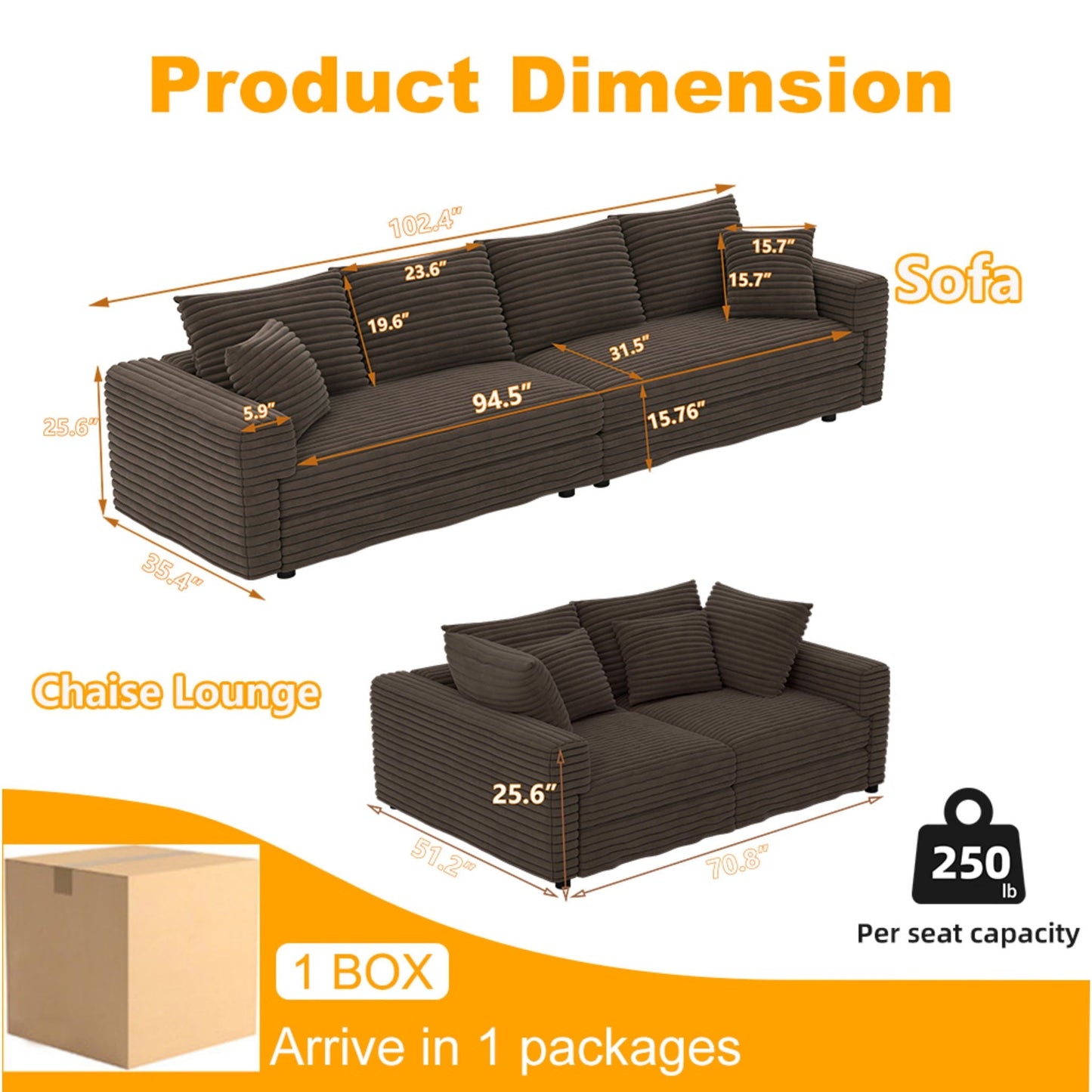 4-Seat Modern Comfy Upholstered Sofa Cloud Couch by HouseOfZazla in brown corduroy on Tampa Home & Garden Store