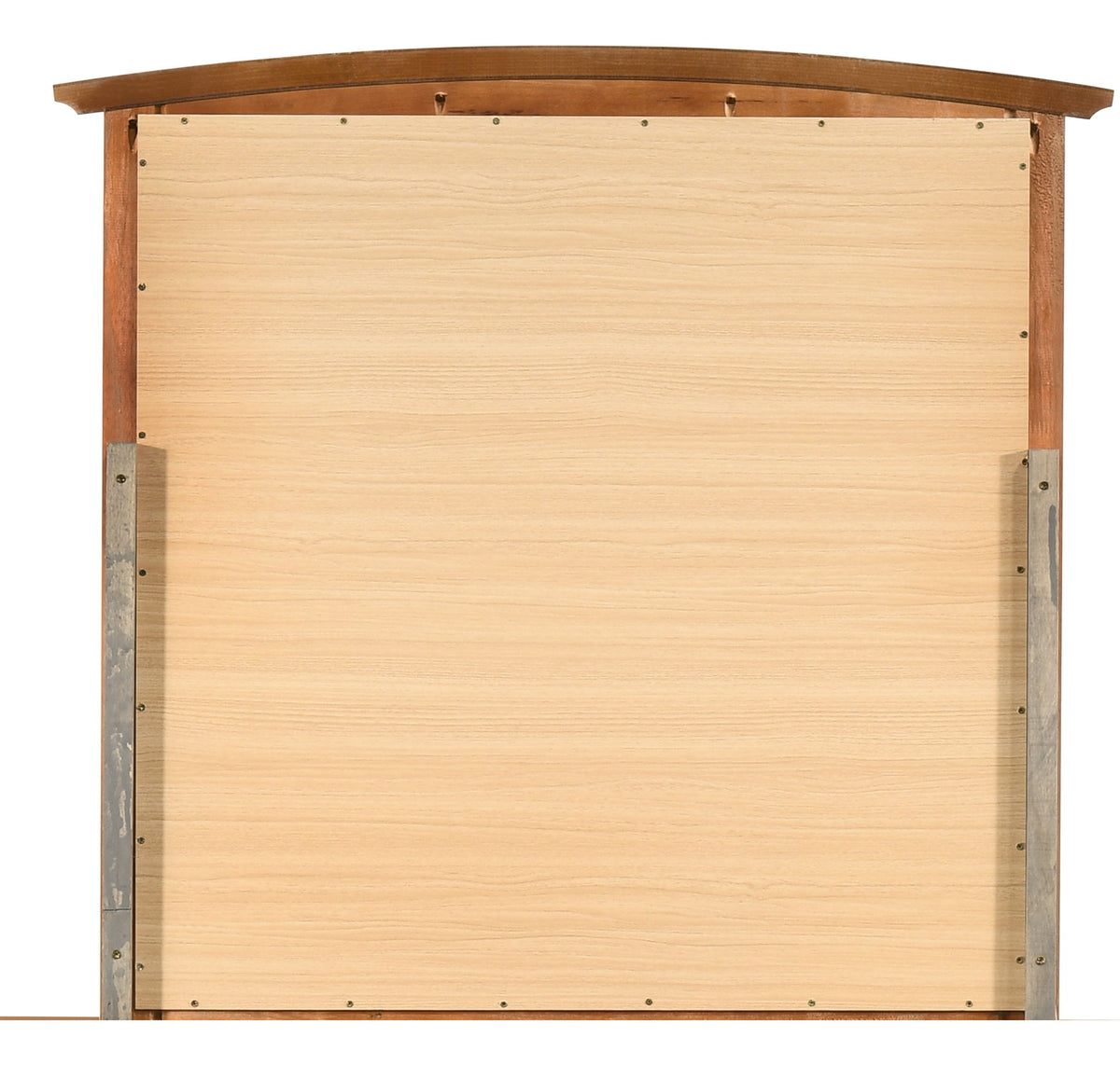 Elegant wall mirror with wood veneer curved-top frame; back view shows screws and supports on Tampa Home & Garden Store