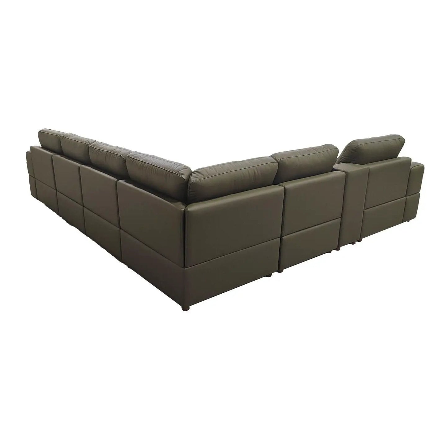 Upholstered large-arms stationary sectional with recliner seats in olive faux leather on Tampa Home & Garden Store