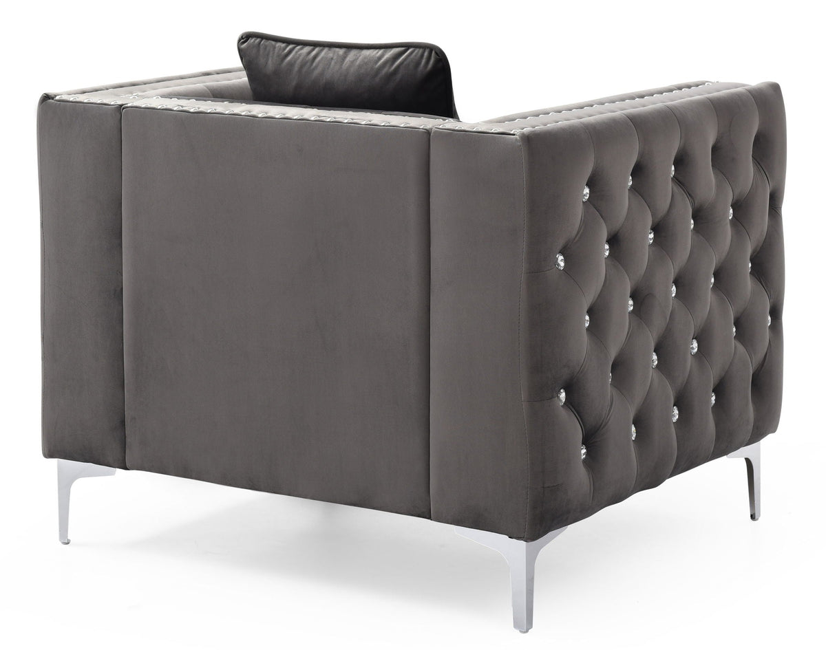Tufted Arm Chair Paige with diamond-button tufting, gray velvet and metal legs on Tampa Home & Garden Store
