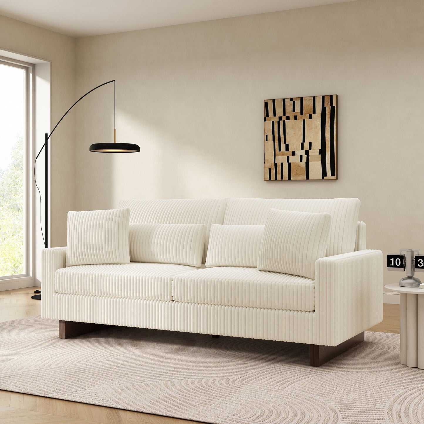 Modern Loveseat Sofa with 4 pillows, white ribbed upholstery, HouseOfZazla stationary on Tampa Home & Garden Store