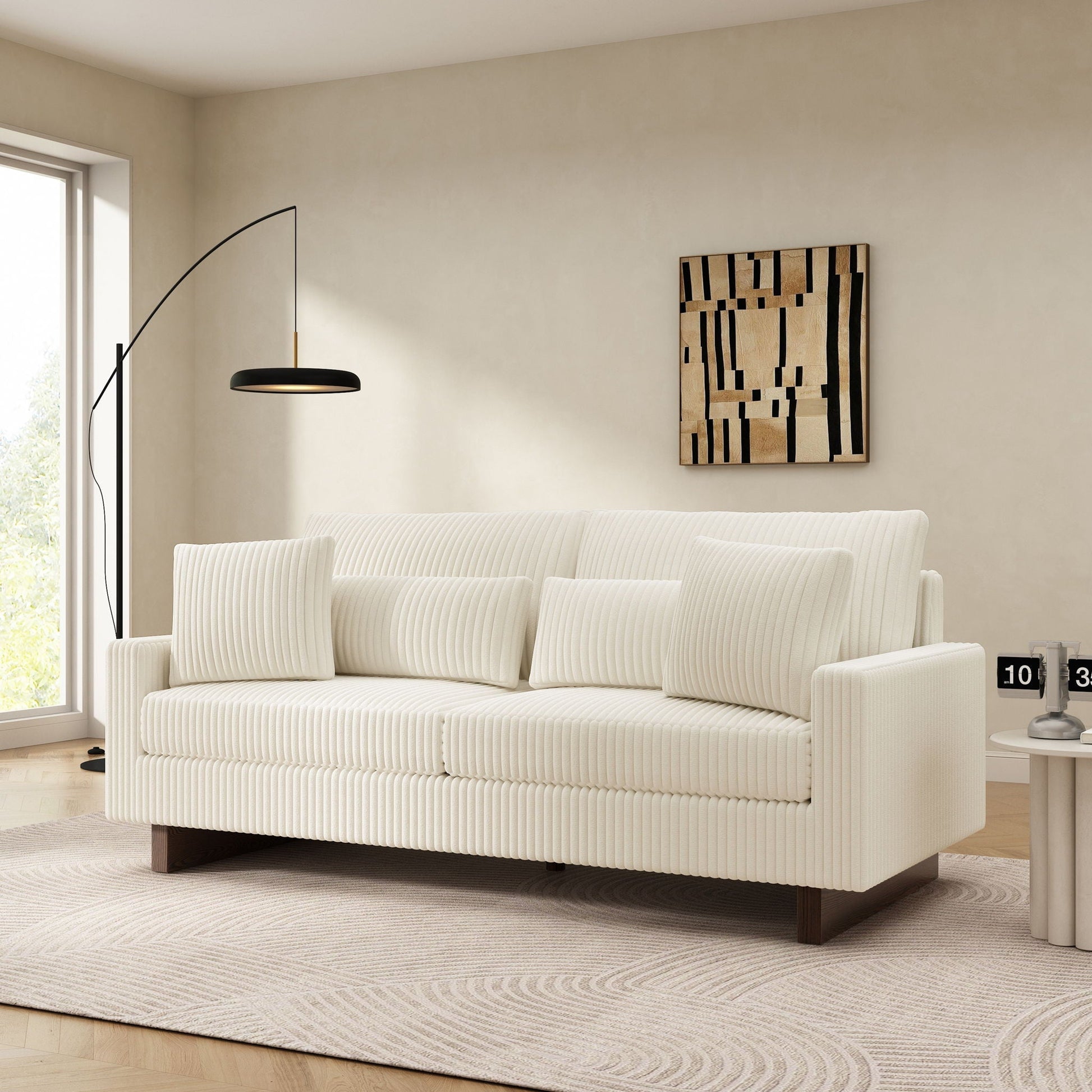 Modern Loveseat Sofa with 4 pillows, white ribbed upholstery, HouseOfZazla stationary on Tampa Home & Garden Store