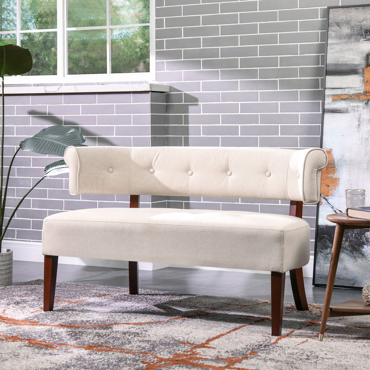 Jared versatile roll-arm tufted bench settee in beige plush upholstery with wood legs on Tampa Home & Garden Store