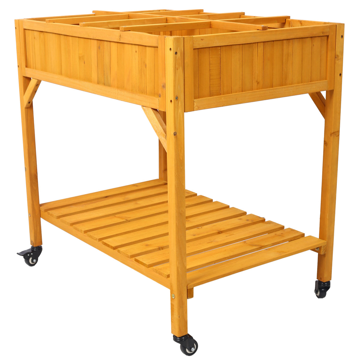 Elevated 8 Pocket Herb Garden Bed in fir wood with slatted sides and lockable wheels on Tampa Home & Garden Store