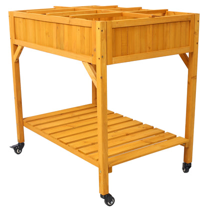 Elevated 8 Pocket Herb Garden Bed in fir wood with slatted sides and lockable wheels on Tampa Home & Garden Store