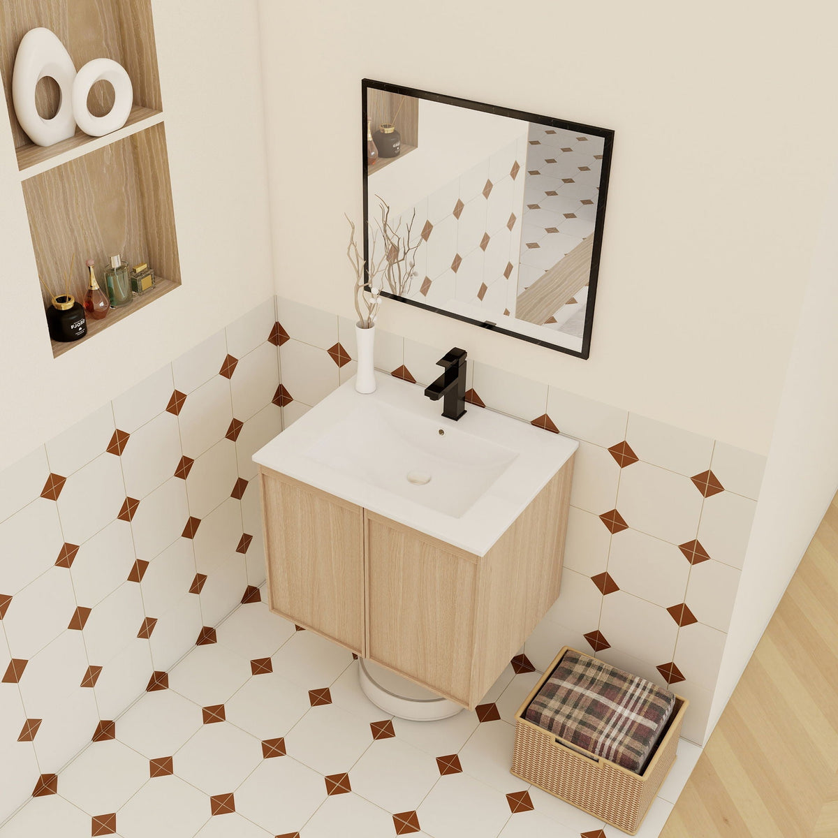 Floating vanity with sink in light brown wood, white basin, black faucet, soft-close doors on Tampa Home & Garden Store