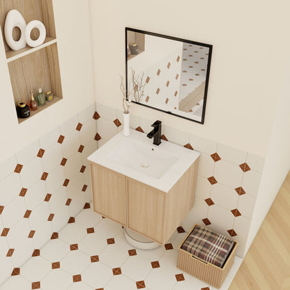 Floating vanity with sink in light brown wood, white basin, black faucet, soft-close doors on Tampa Home & Garden Store