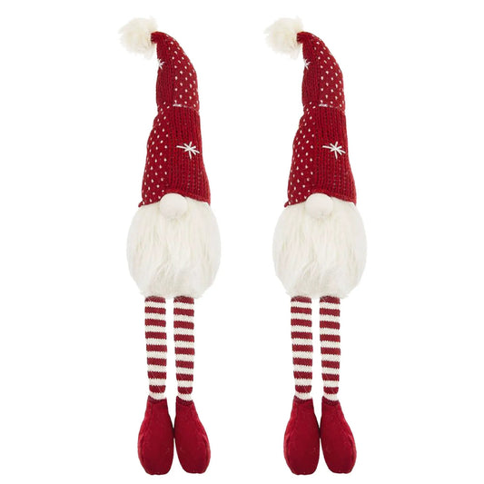 Set of 2 Christmas gnome decorations with red knit hats, white beards, and striped legs on Tampa Home & Garden Store