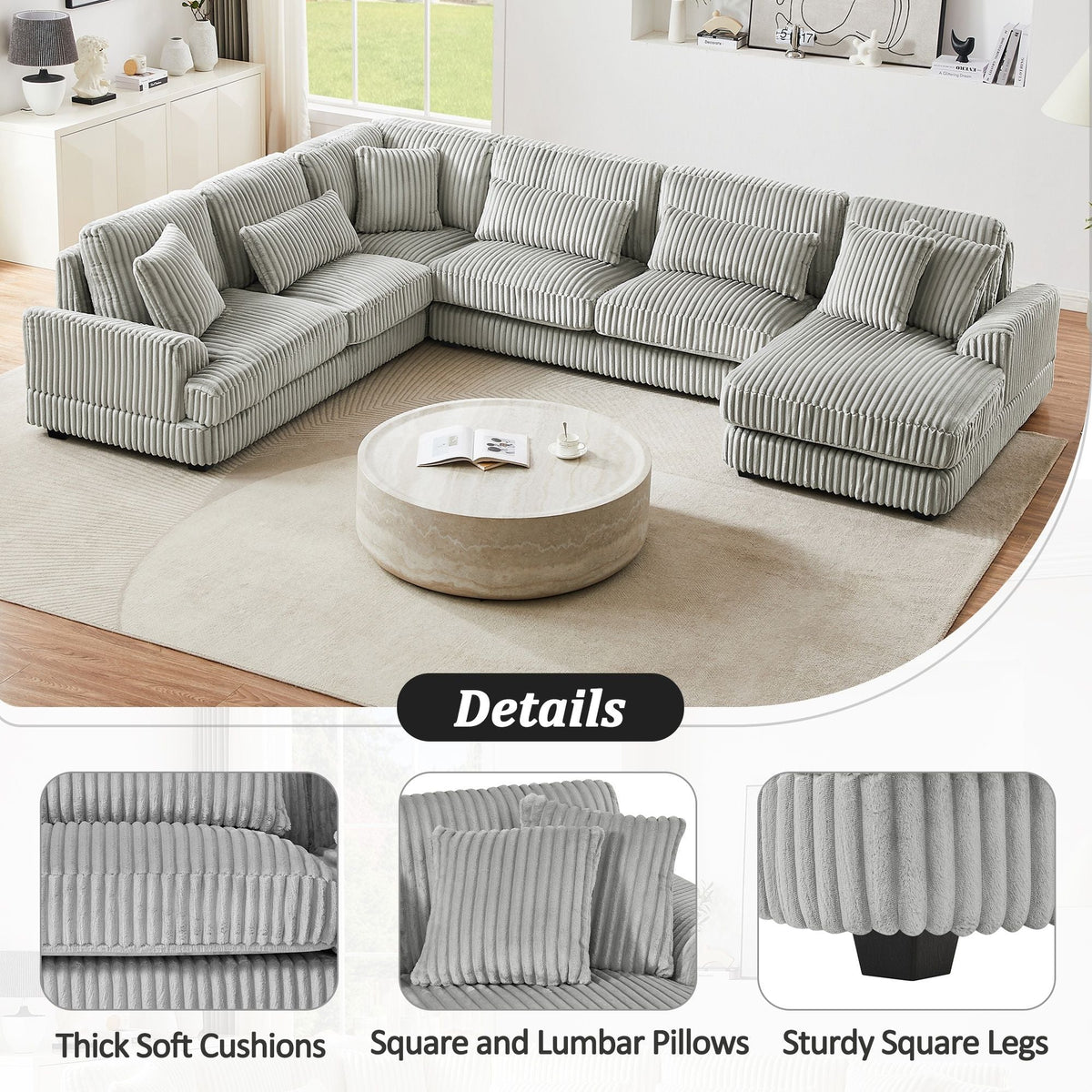 U-shaped gray sectional sofa with chaise lounge in living room, corduroy texture, HouseOfZazla on Tampa Home & Garden Store