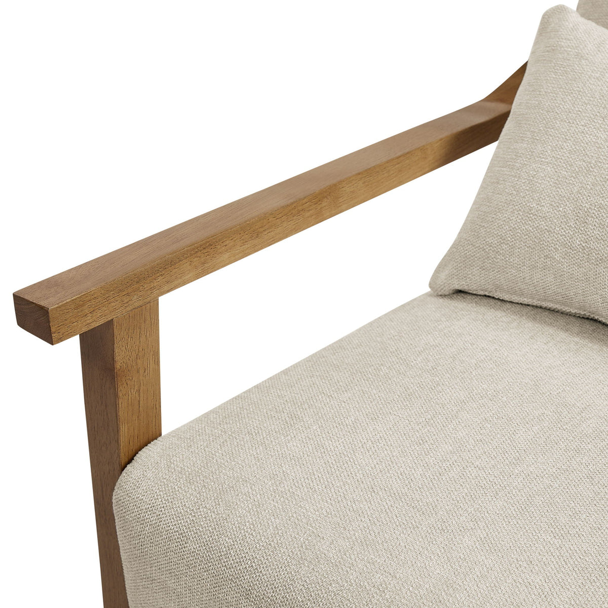 Arm accent chair with lumbar pillow by HouseOfZazla in beige linen with wood arms on Tampa Home & Garden Store