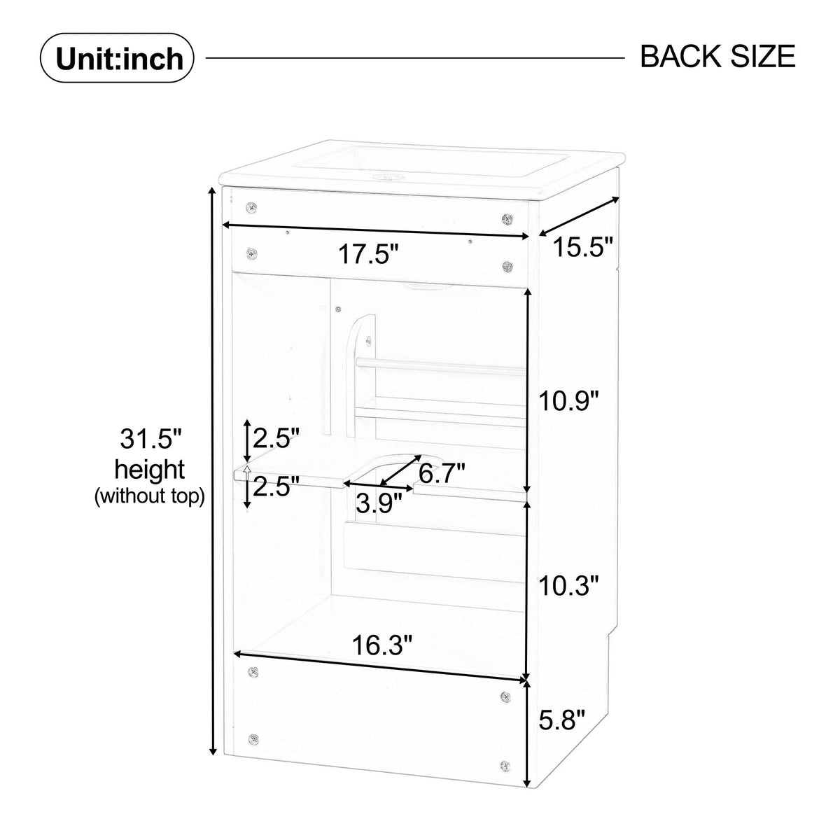 Bathroom vanity with sink and adjustable shelf in multiple colors, dimension diagram on Tampa Home & Garden Store