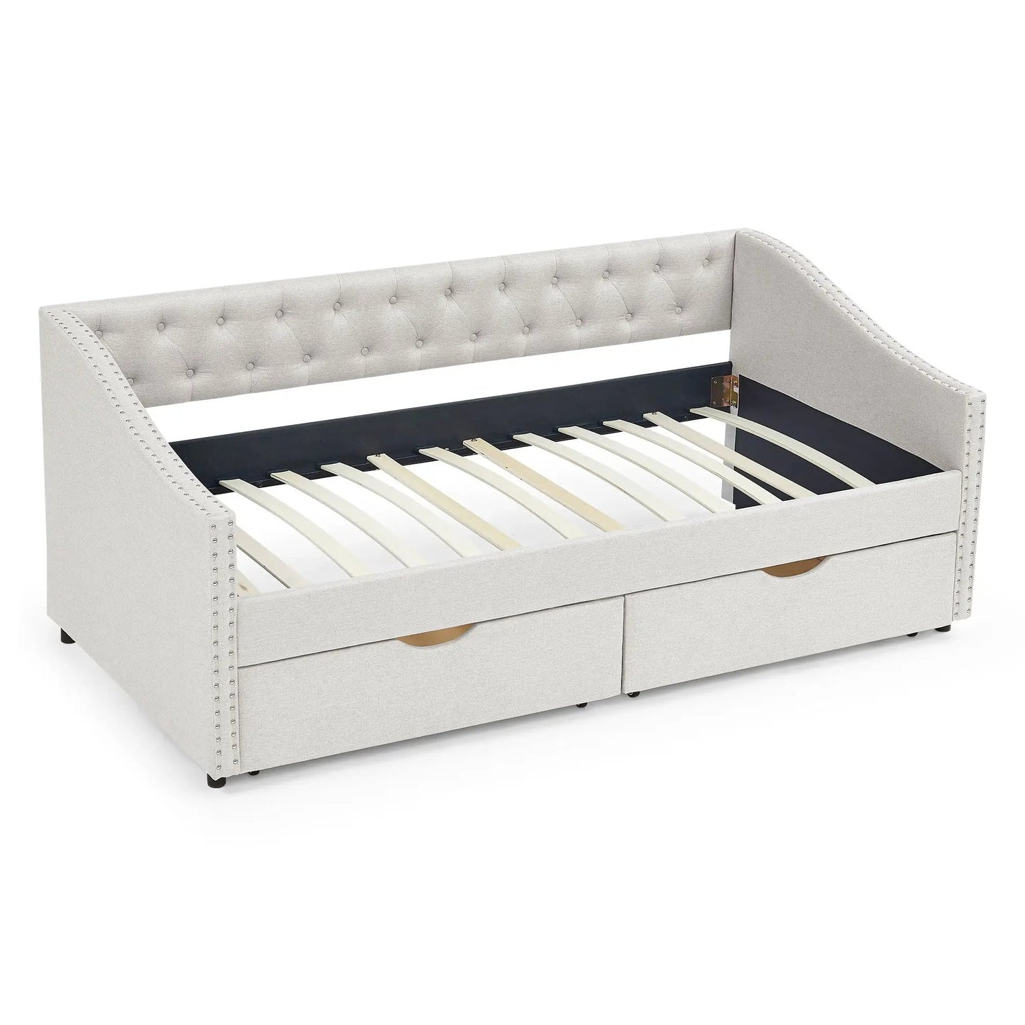Upholstered tufted daybed with waved arms, light gray fabric, 2 drawers, Unique Piece Furniture on Tampa Home & Garden Store