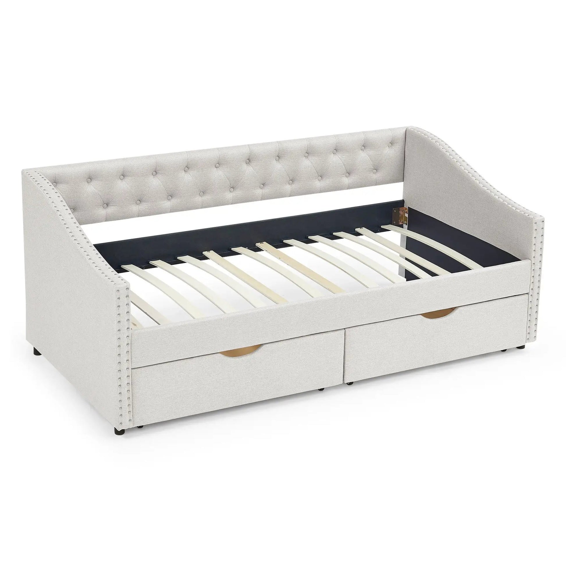 Upholstered tufted daybed with waved arms, light gray fabric, 2 drawers, Unique Piece Furniture on Tampa Home & Garden Store