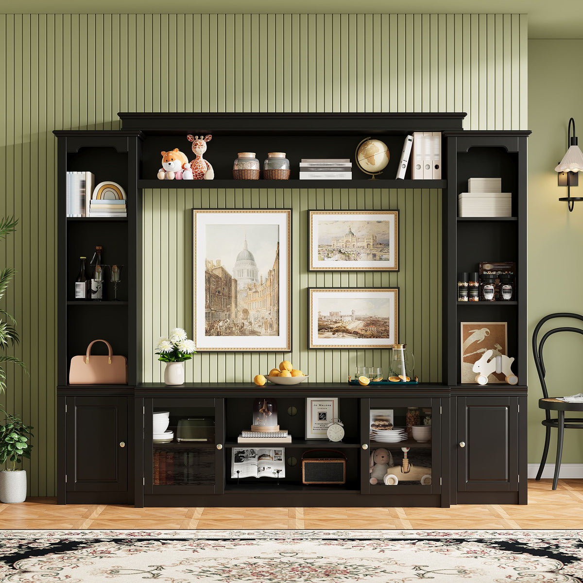 All-In-One TV Stand with Bookcase black finish for TVs up to 65 inches with open shelves on Tampa Home & Garden Store
