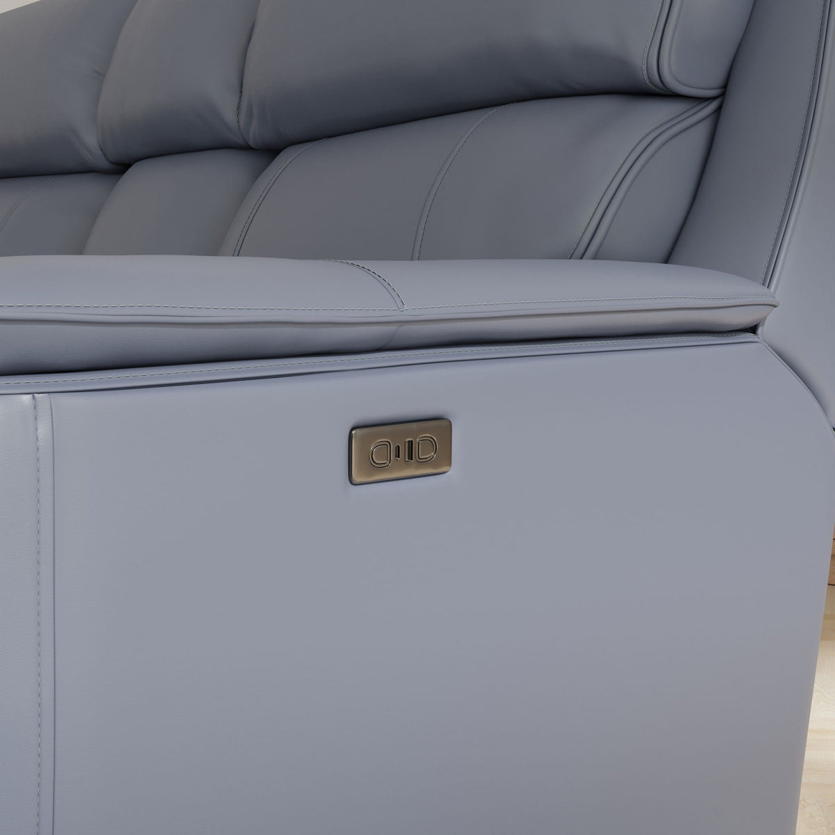 Dual power reclining loveseat with center console in gray leather on Tampa Home & Garden Store
