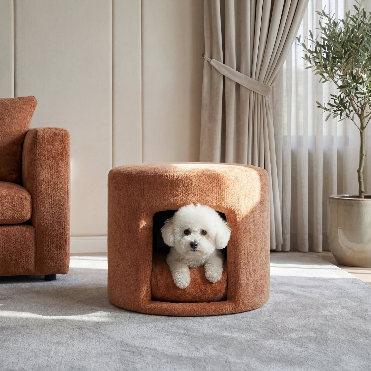 Orange pet-friendly ottoman with removable cushion and hidden pet nook, 2-piece set on Tampa Home & Garden Store