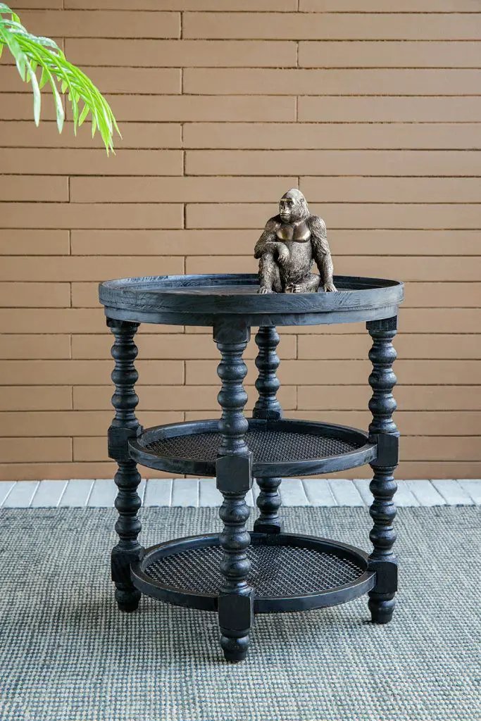 Round 3-tier black wood side table with turned legs; bronze monkey statue on top on Tampa Home & Garden Store
