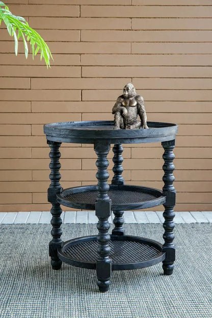 Round 3-tier black wood side table with turned legs; bronze monkey statue on top on Tampa Home & Garden Store