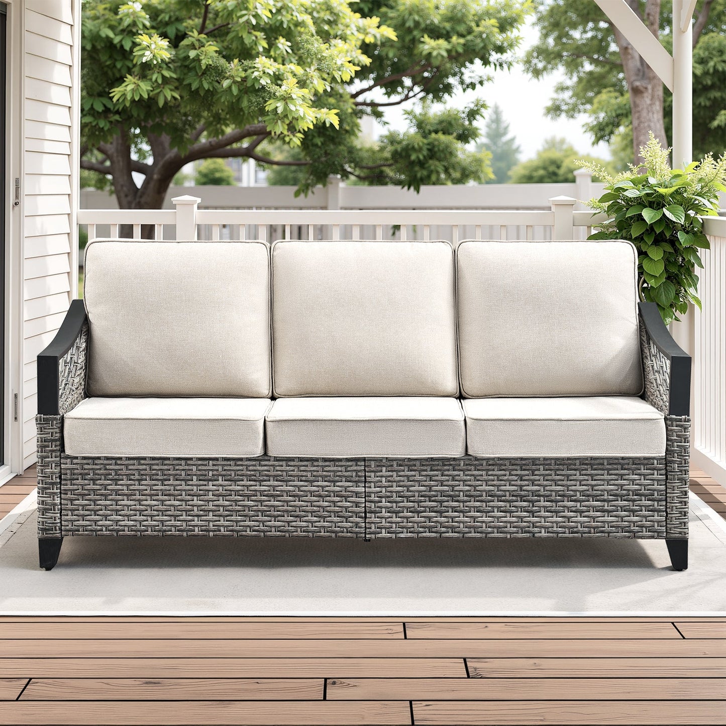 Three-seat outdoor wicker sofa 73.4in wide with beige cushions and gray wicker frame on Tampa Home & Garden Store