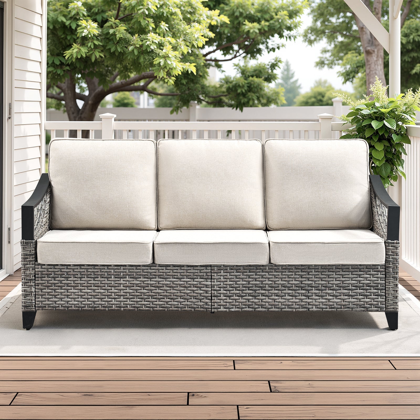 Three-seat outdoor wicker sofa 73.4in wide with beige cushions and gray wicker frame on Tampa Home & Garden Store