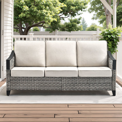 Three-seat outdoor wicker sofa 73.4in wide with beige cushions and gray wicker frame on Tampa Home & Garden Store