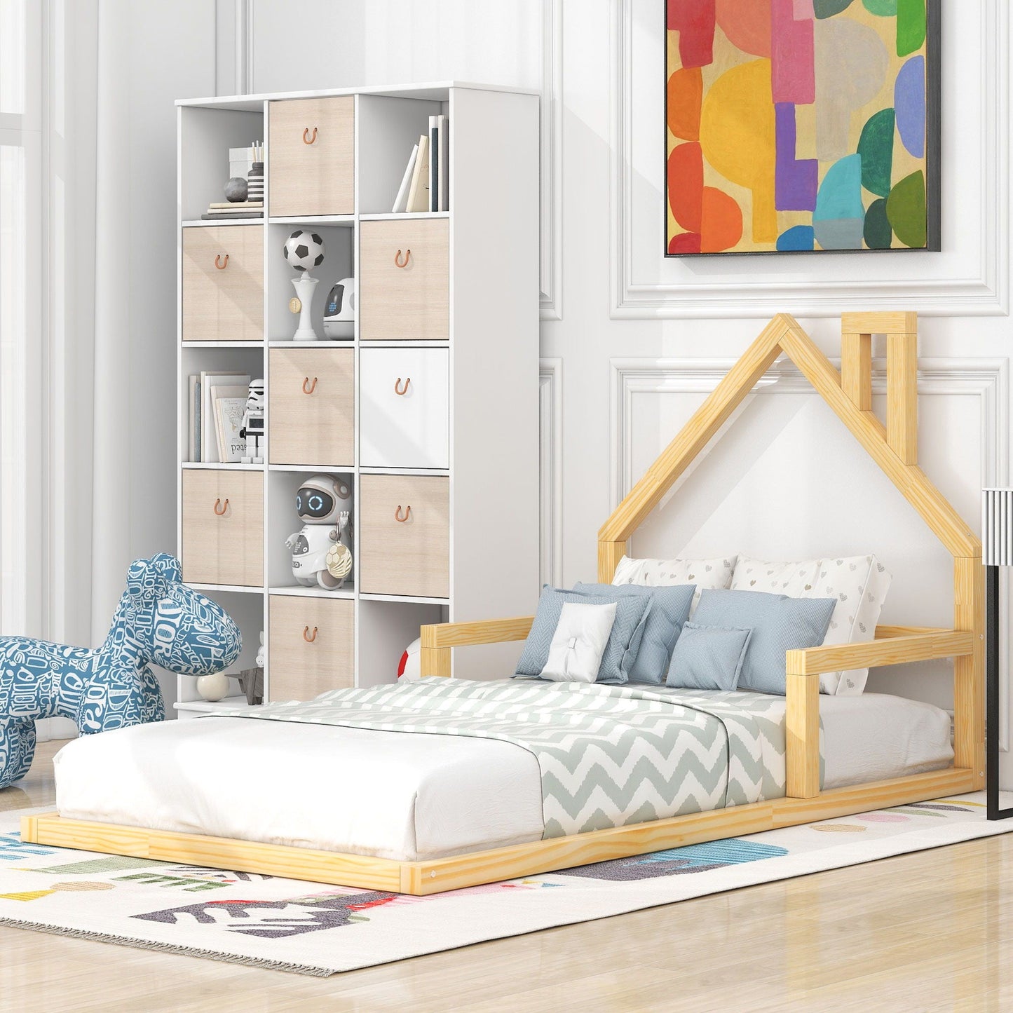 Floor Bed with House Shaped Headboard, wood frame, white accents, HouseOfZazla platform bed on Tampa Home & Garden Store