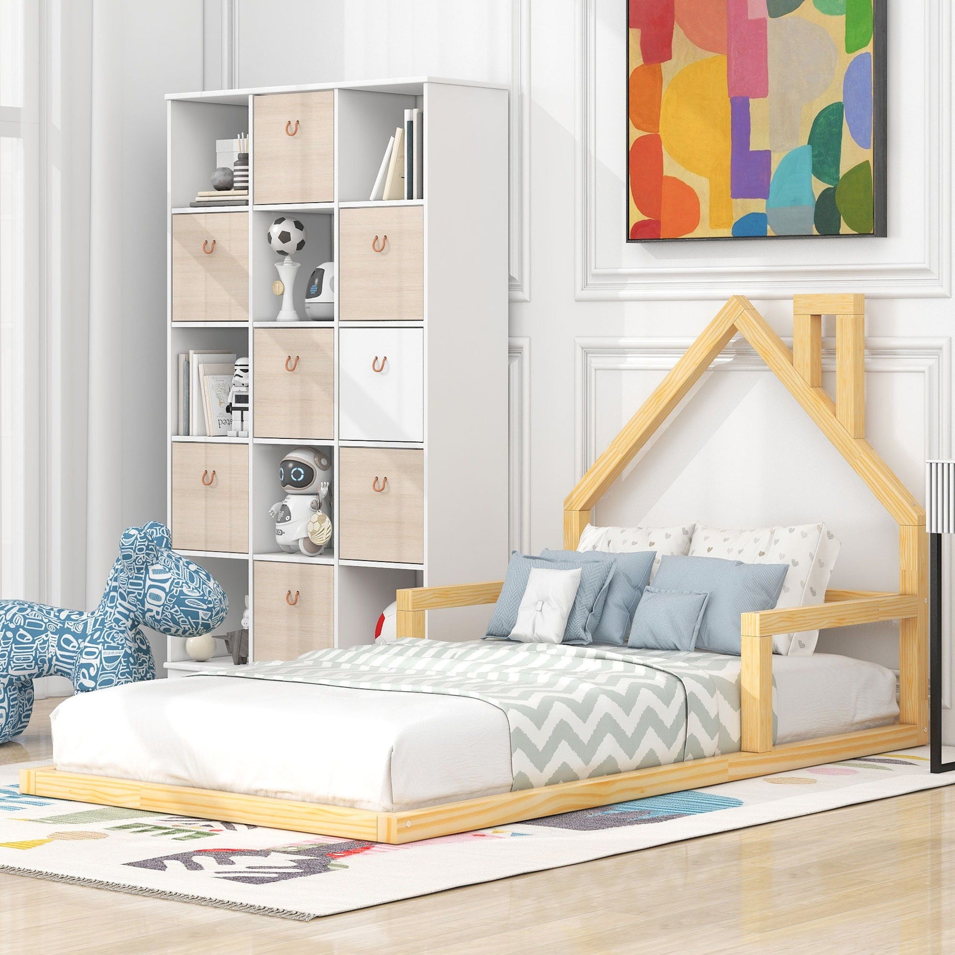 Floor Bed with House Shaped Headboard, wood frame, white accents, HouseOfZazla platform bed on Tampa Home & Garden Store