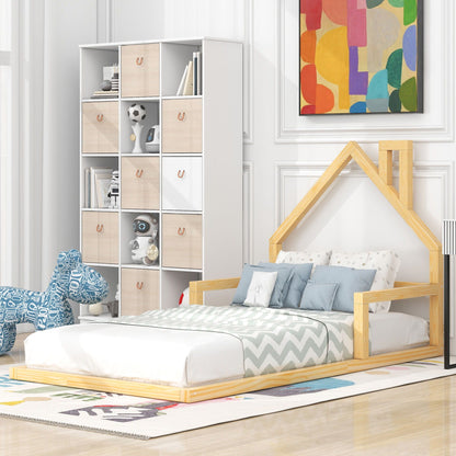 Floor Bed with House Shaped Headboard, wood frame, white accents, HouseOfZazla platform bed on Tampa Home & Garden Store