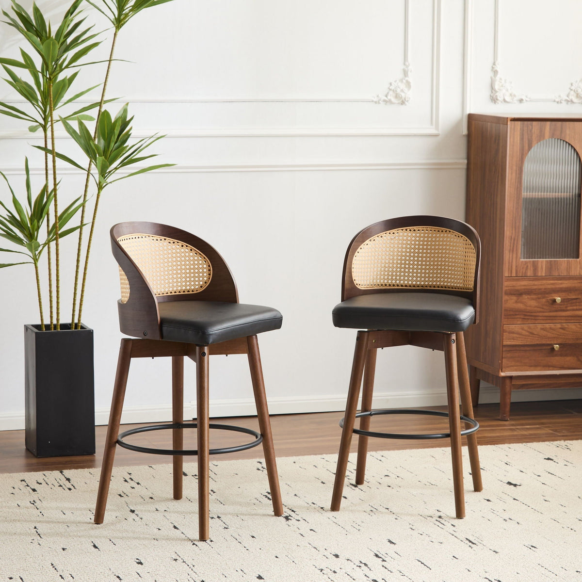 Como Indoor Wood Barstool Set of 2 by HouseOfZazla with beige rattan backrest, dark wood frames on Tampa Home & Garden Store