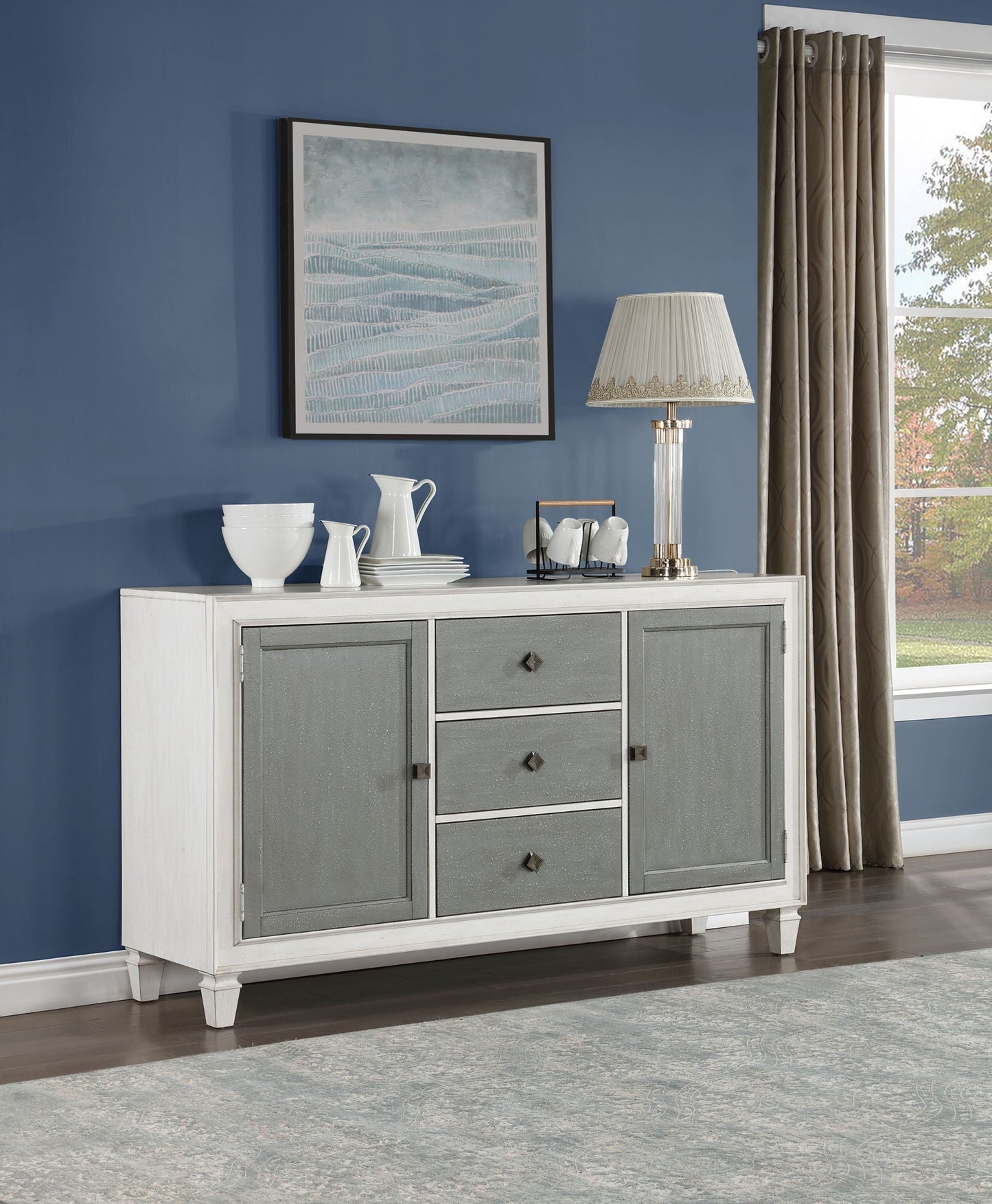 Katia Server gray and white two-tone storage console with gray drawers and white frame on Tampa Home & Garden Store