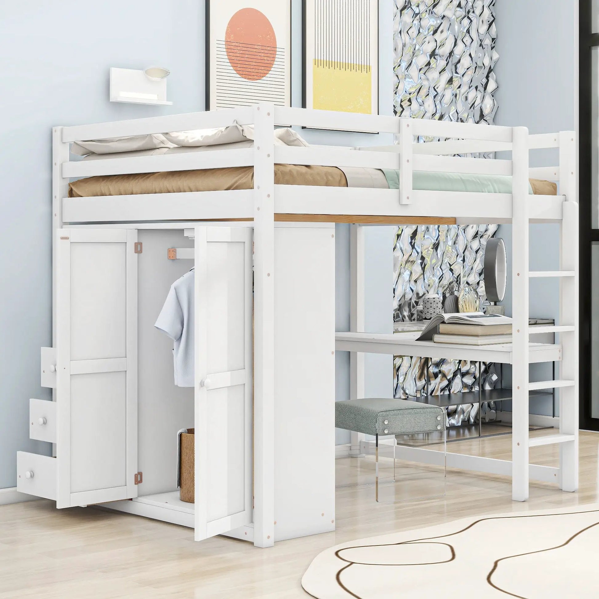 Loft bed with built-in wardrobe, shelves and drawers in white by Unique Piece Furniture on Tampa Home & Garden Store