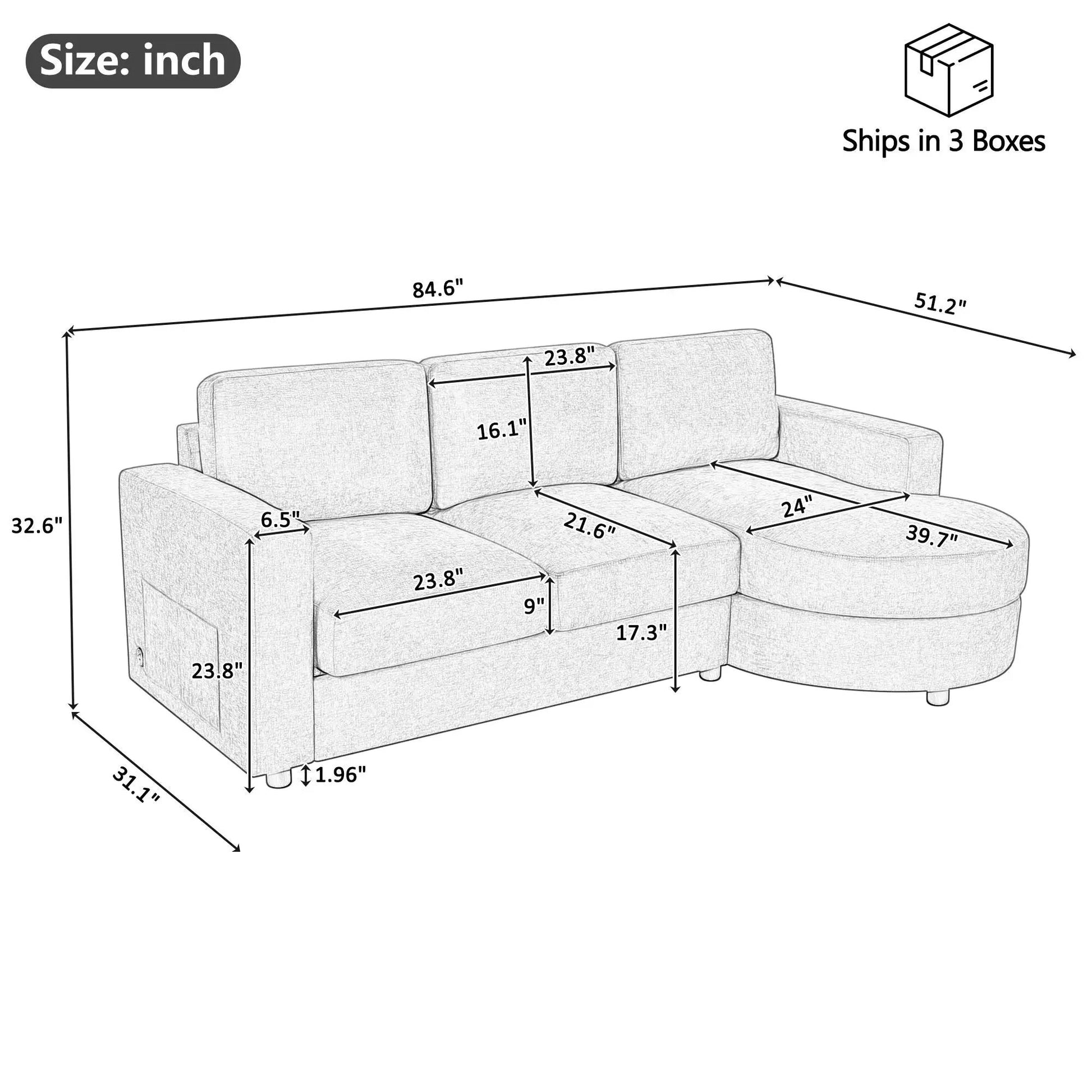 Unique Piece Furniture modern L-shaped sectional with curved chaise, grey fabric, USB ports, side pockets on Tampa Home & Garden Store