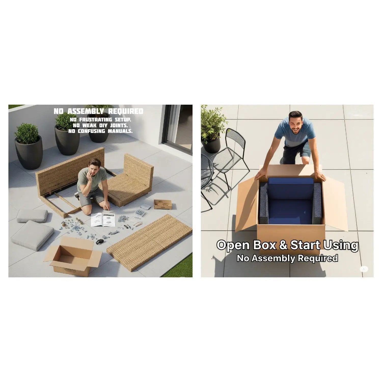 Wide Armless Outdoor Chairs set of 2, beige rattan with gray cushions by Unique Piece Furniture on Tampa Home & Garden Store