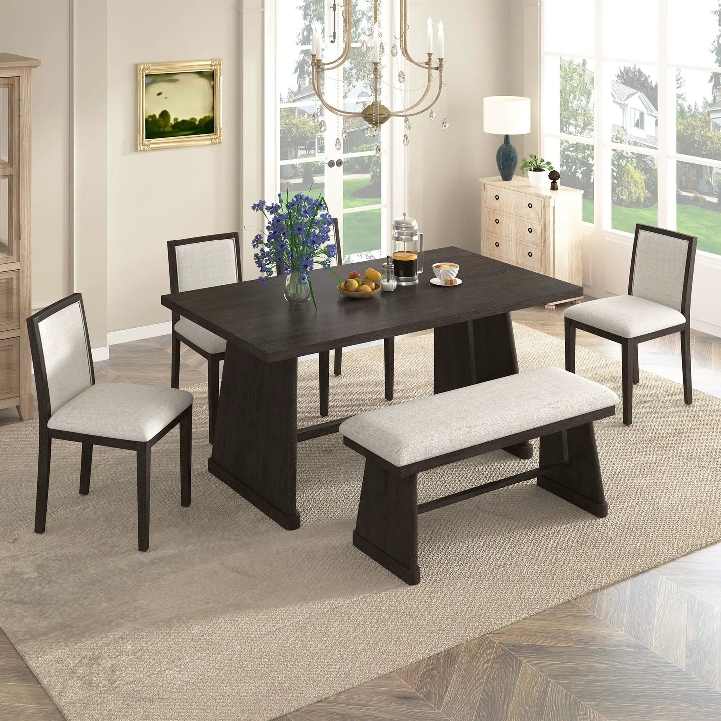Dining set rectangular table with 4 beige upholstered chairs and a padded bench on Tampa Home & Garden Store