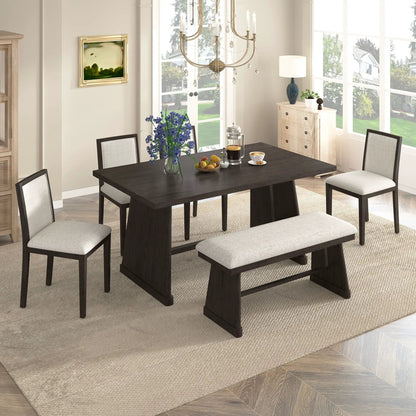 Dining set rectangular table with 4 beige upholstered chairs and a padded bench on Tampa Home & Garden Store