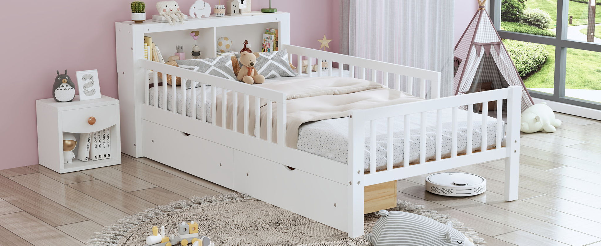 Bed with headboard storage rack in white, 2 under-bed drawers and 3 side guardrails on Tampa Home & Garden Store