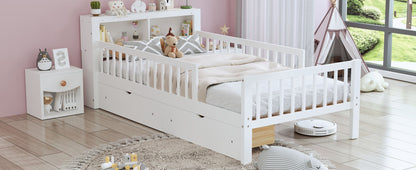 Bed with headboard storage rack in white, 2 under-bed drawers and 3 side guardrails on Tampa Home & Garden Store
