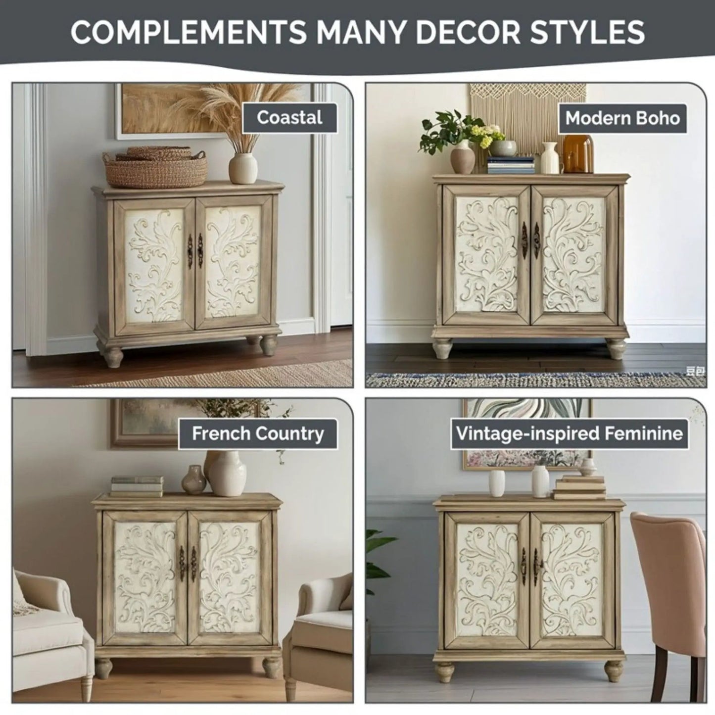 Driscoll 2-door cabinet with floral panels in reclaimed natural wood by Unique Piece Furniture on Tampa Home & Garden Store