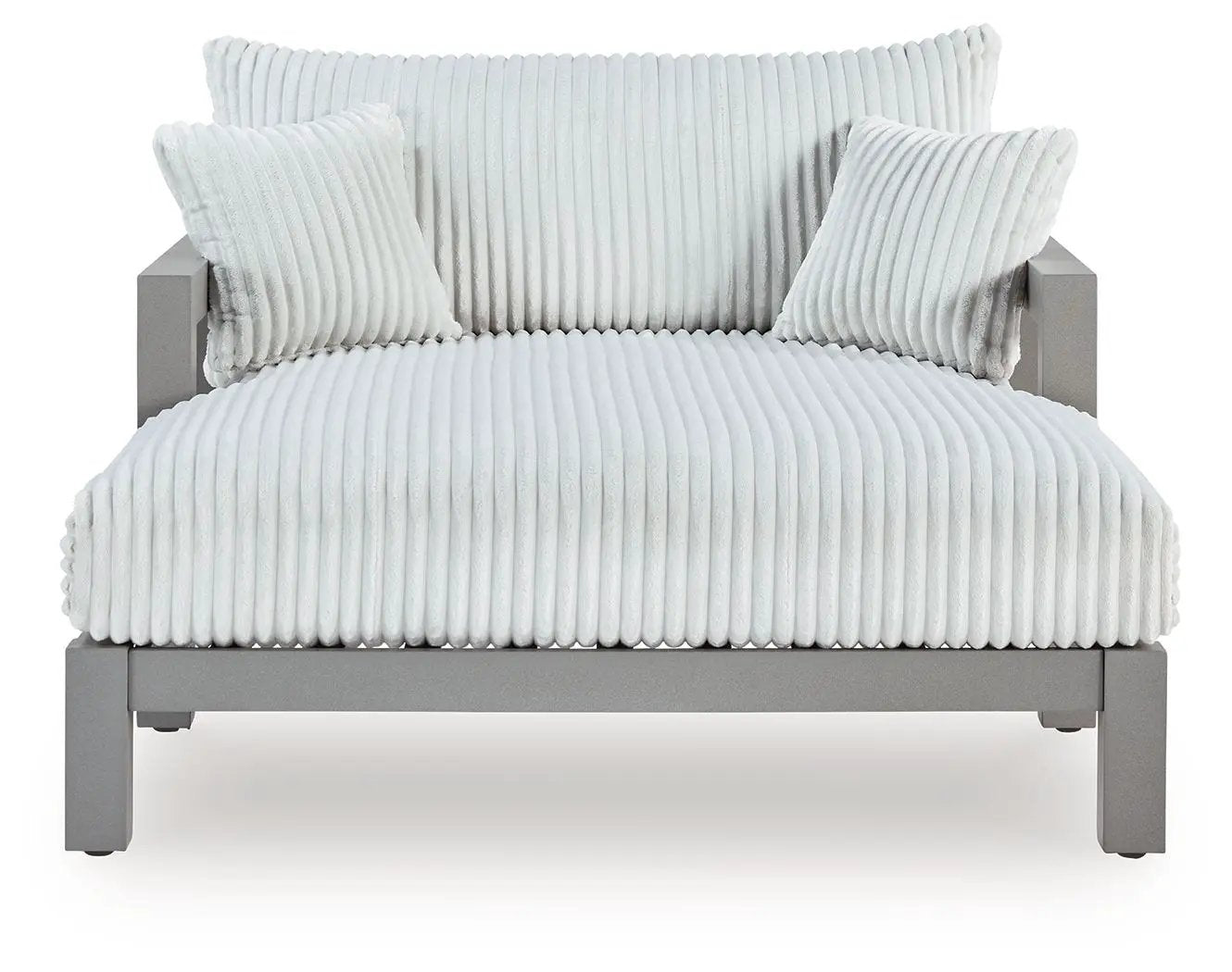 Hurley Park gray chaise lounge with white ribbed cushions and two pillows on Tampa Home & Garden Store