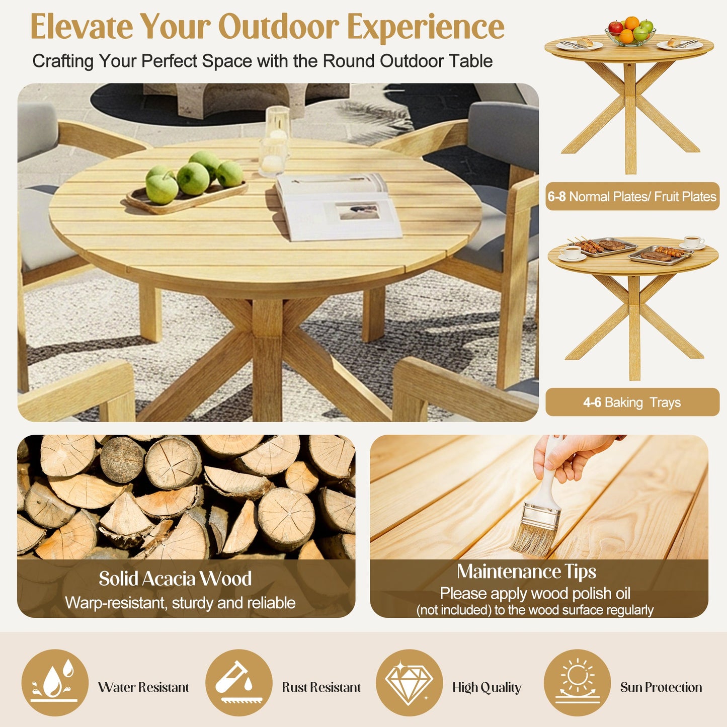Outdoor Acacia Wood Round Dining Set and Chairs
