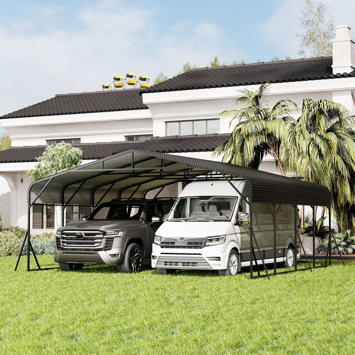 Heavy Duty Carport all-weather shelter in black with metal frame covering two vehicles on Tampa Home & Garden Store