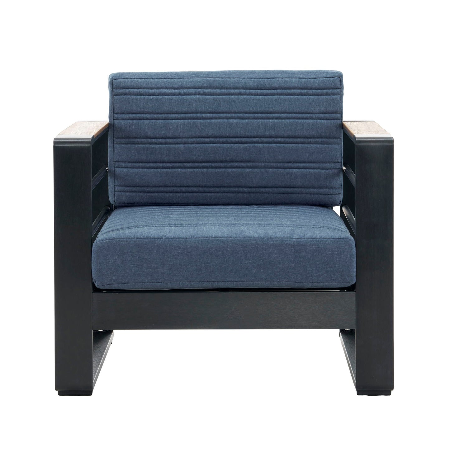 Giovanna Club Chair Set in blue outdoor fabric with aluminum frame and wood armrests on Tampa Home & Garden Store